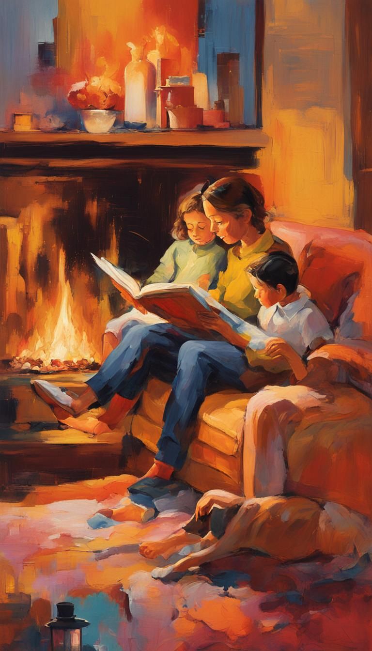 Family Reading by Fire: Abstract Expressionist Painting