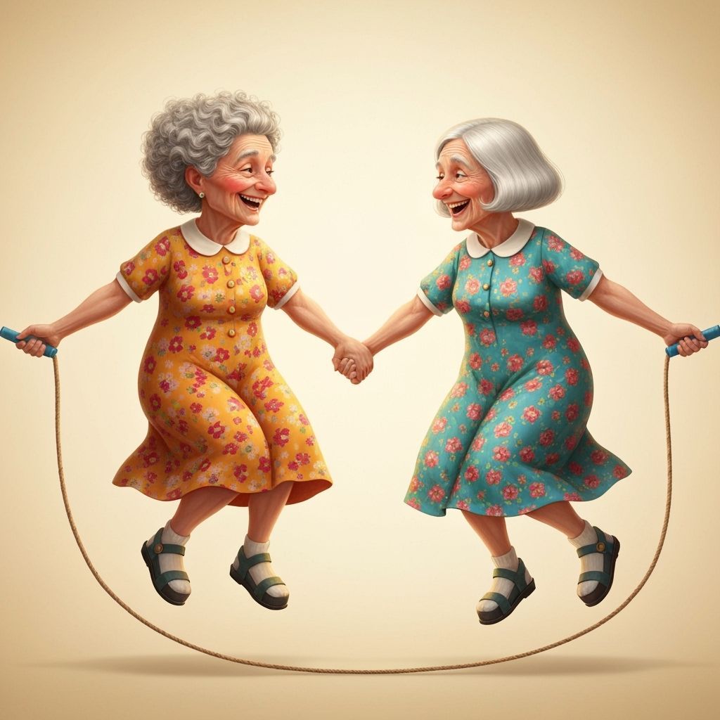 Joyful Elderly Women Jumping Rope in Floral Dresses