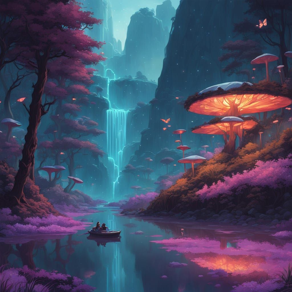 Surreal Digital Dreamscapes: Enchanted Garden in Cosmic Bloo...