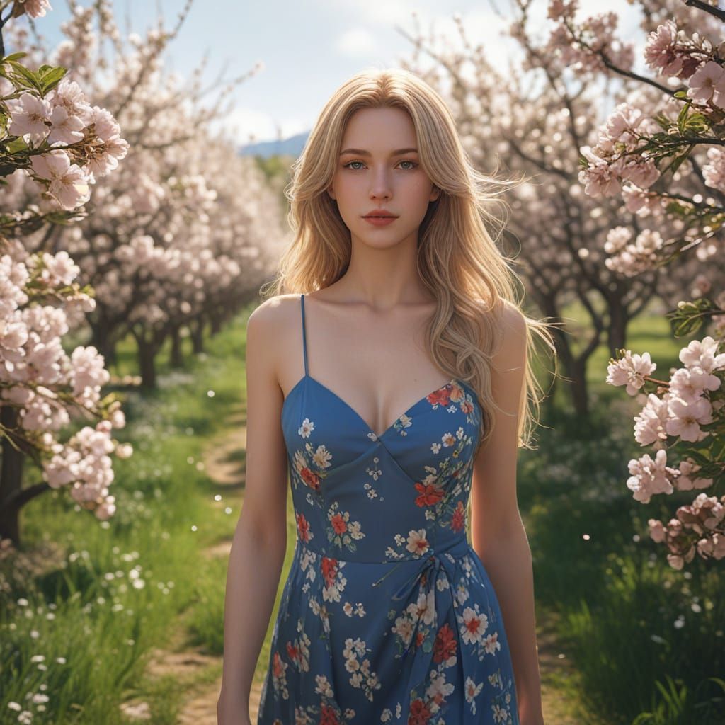 Woman in Apple Orchard, 3D Anime Style