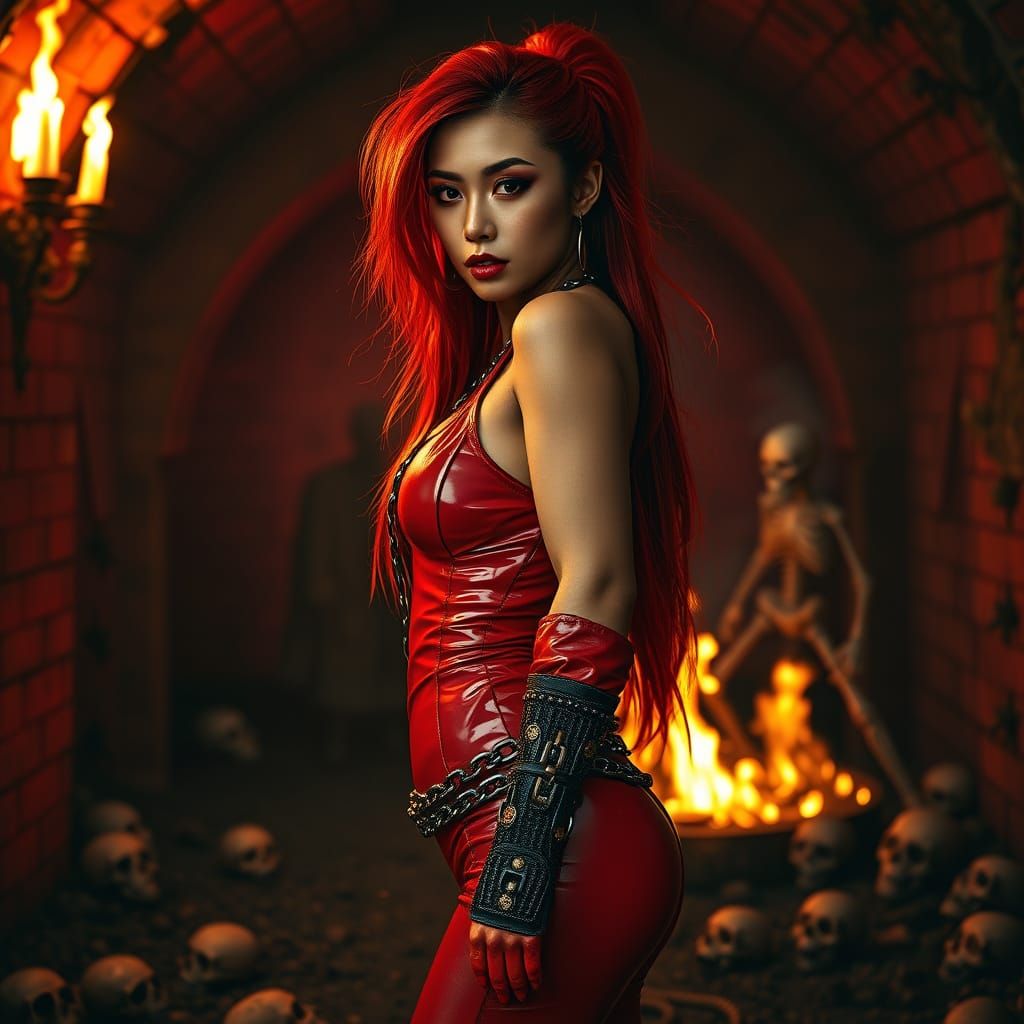 Dark Samurai Goddess in Scarlet Latex, Chain-Bound, Amidst a...