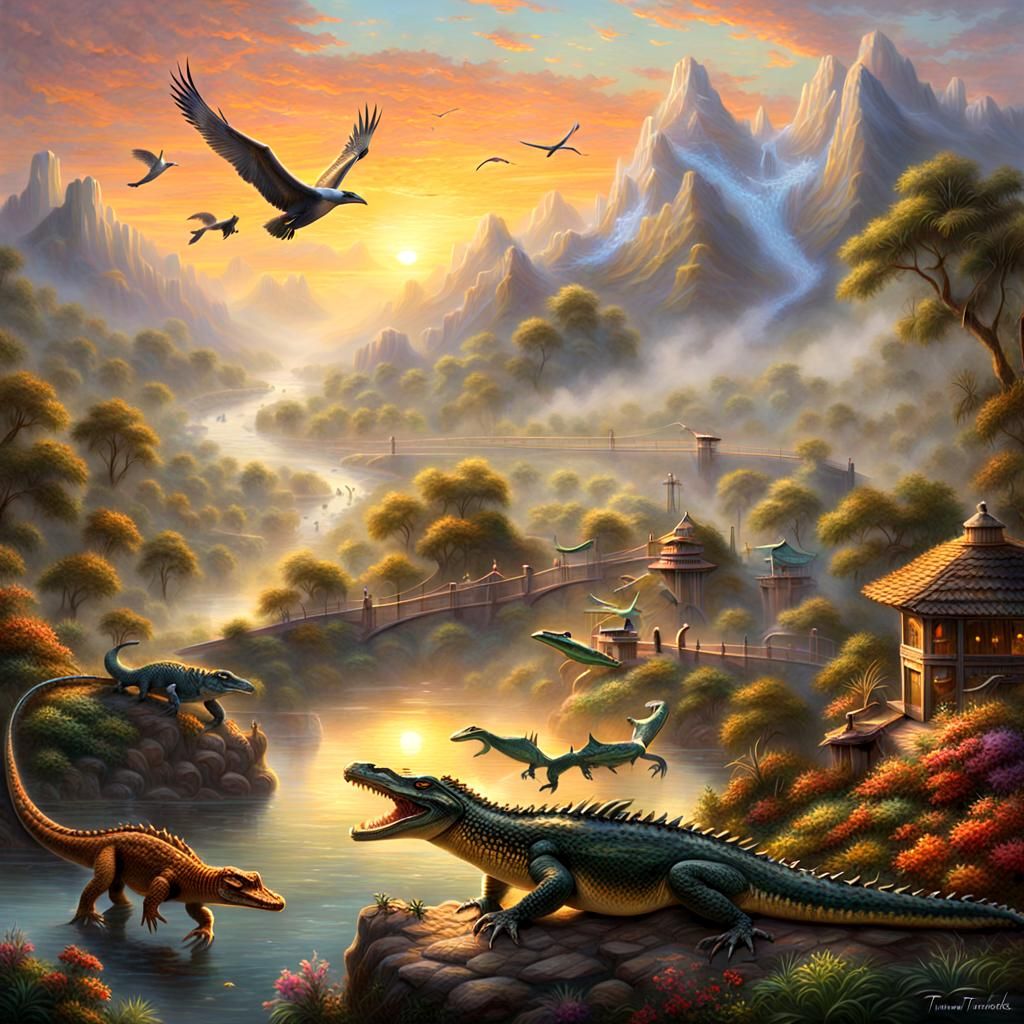 Mountain Crocodile Farm at Sunrise: Ethereal Oil Painting