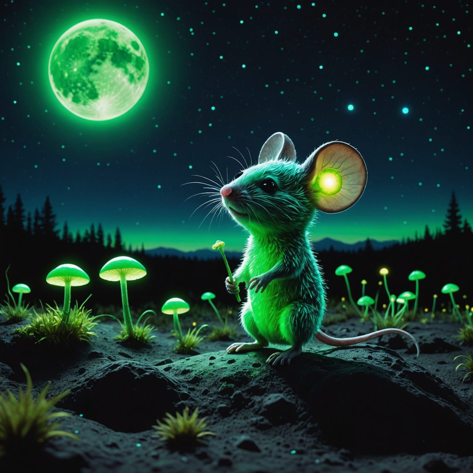 Bioluminescent Chibi Mouse on Moon in Hyperreal Photo