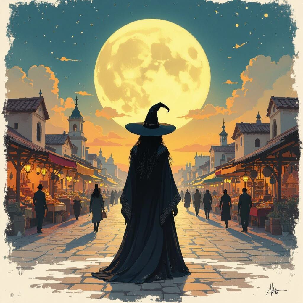 Mysterious Witch in Vibrant Marketplace at Dusk