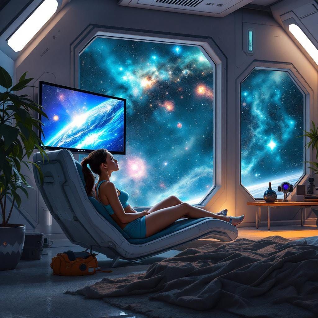 Astronaut Relaxing in Futuristic Space Station with Starfiel...