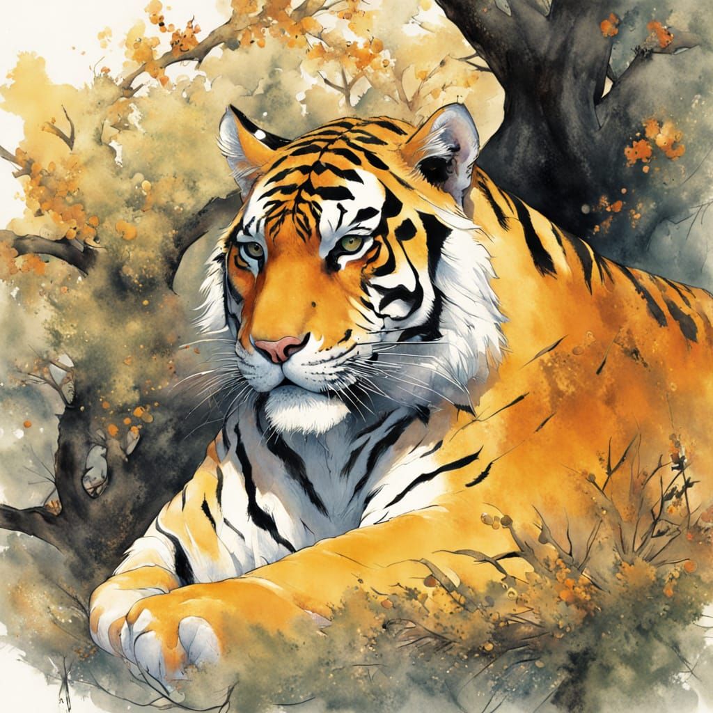 Tiger Resting Under Tree in Amber Tones