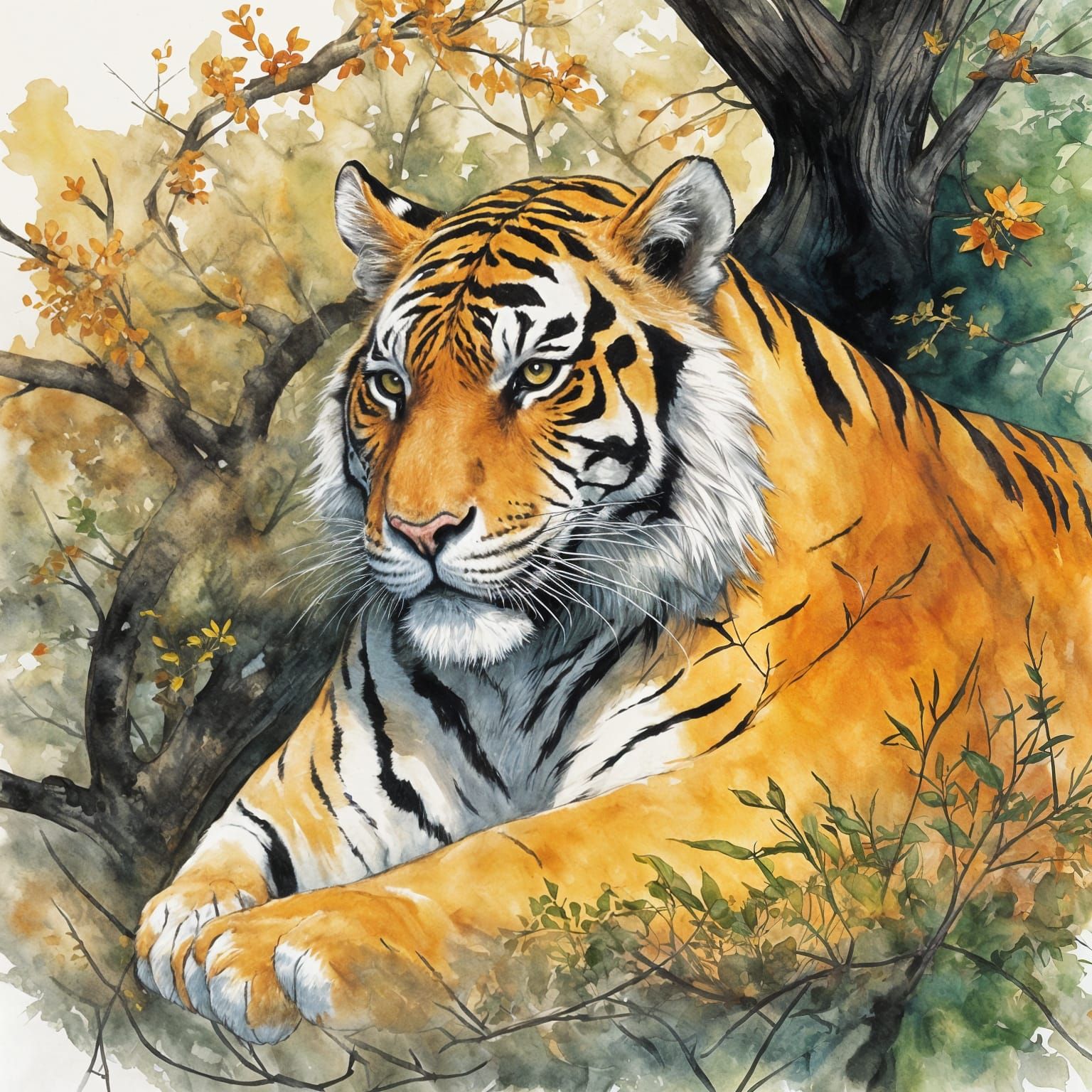 Tiger Resting Under Tree in Amber Tones