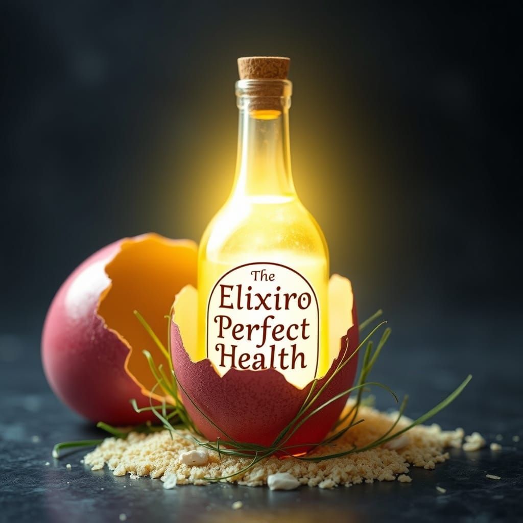 A cracked open Easter egg that contains a glowing bottle of elixir with "Elixir of Perfect Health" printed on it.