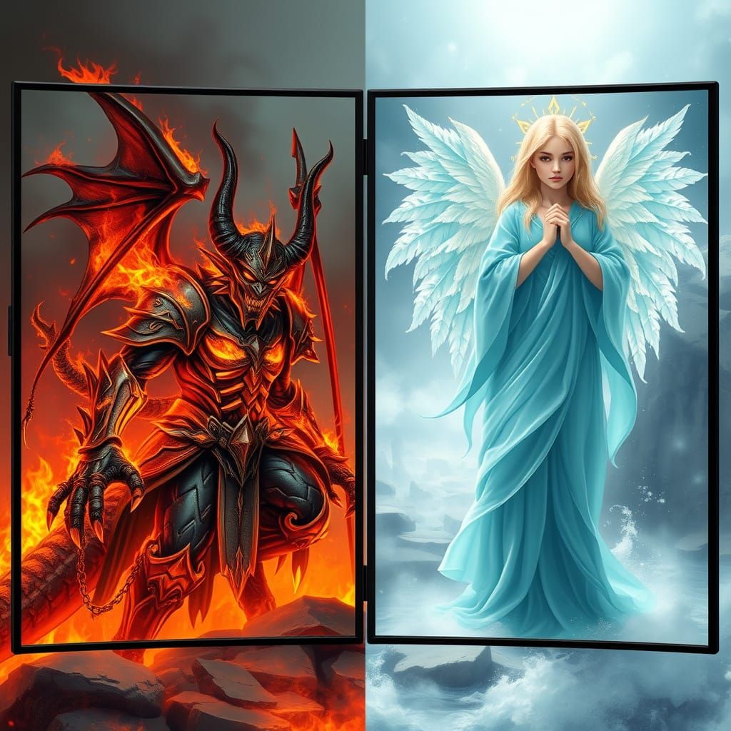 Fire Demon Meets Water Angel in Dual Fantasy Scene