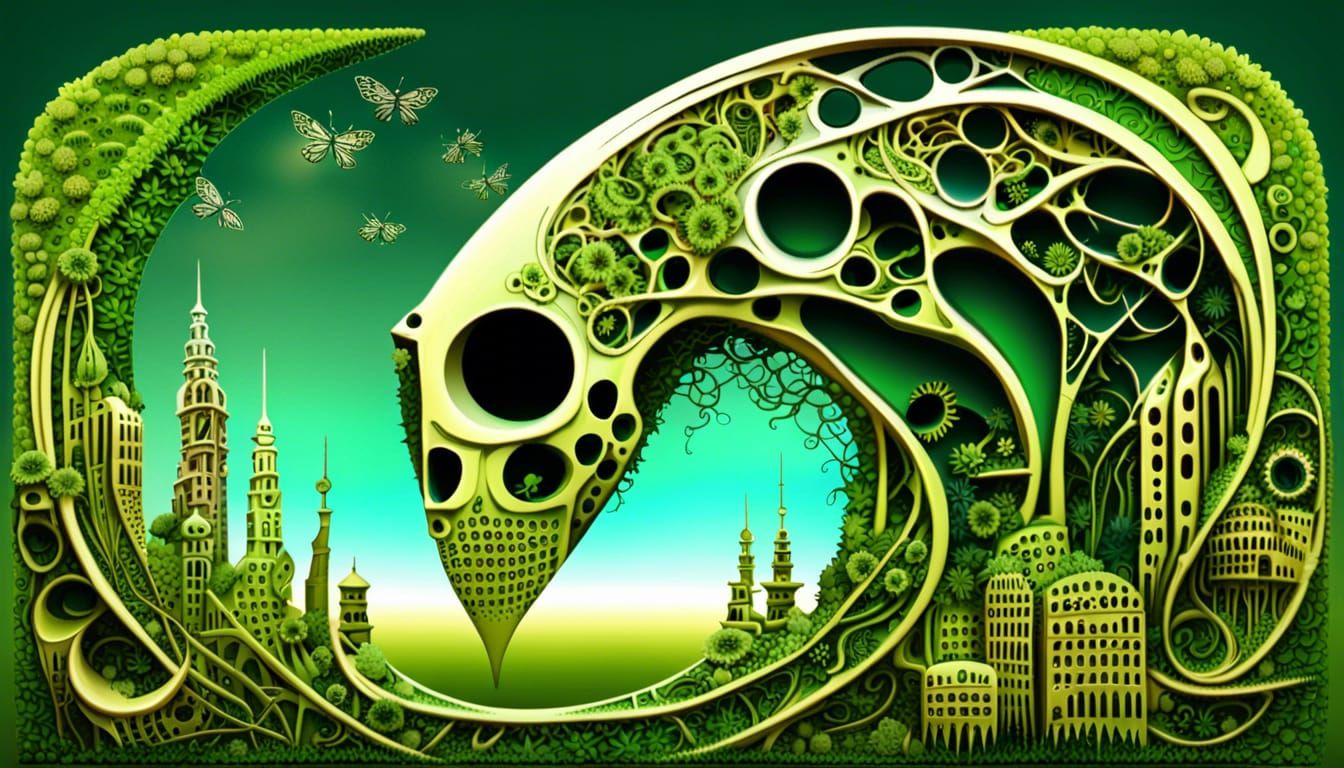 Overgrown City with Whale Skeleton in Fractal Style