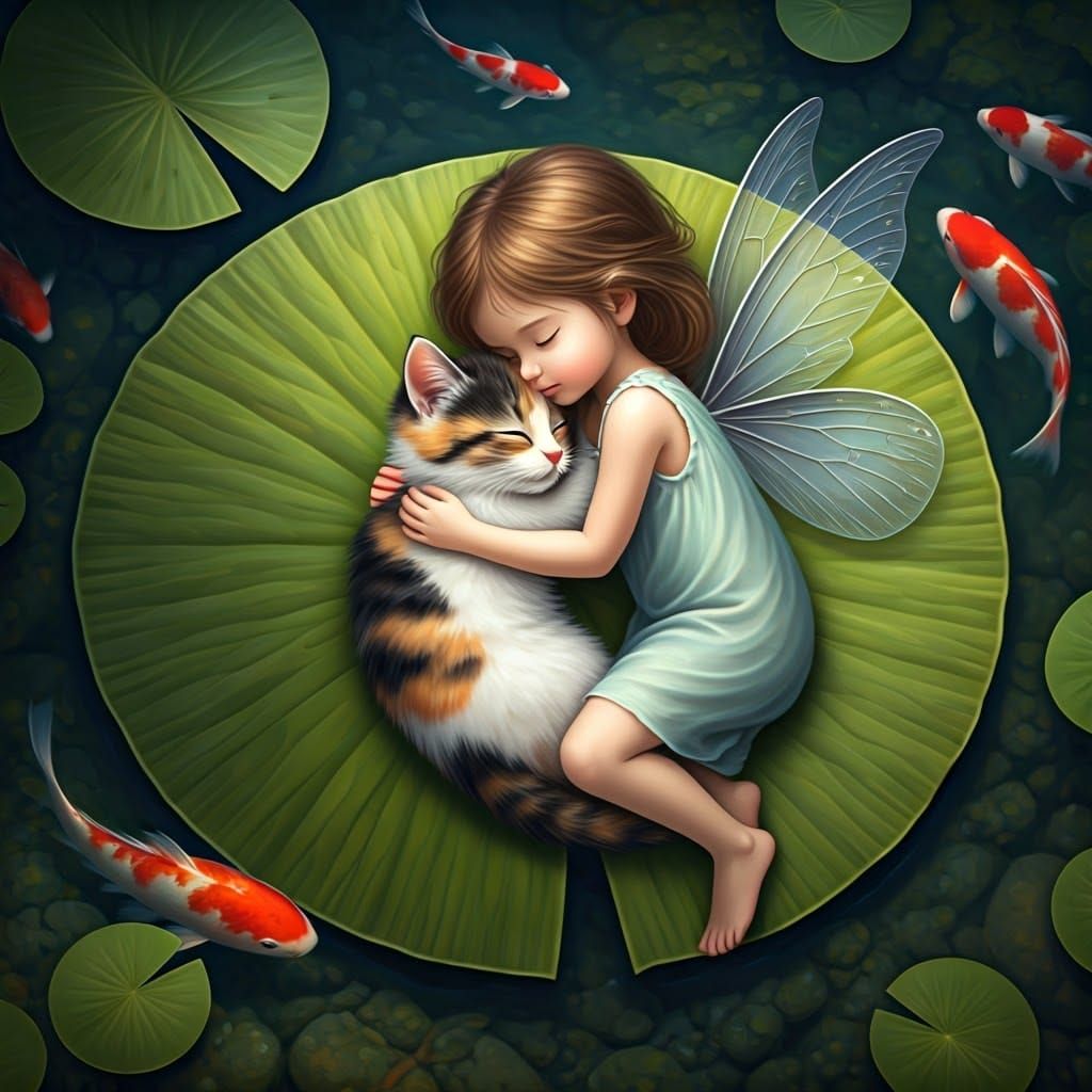 Fairy's Nap: Kitten Comfort in Pond Scene