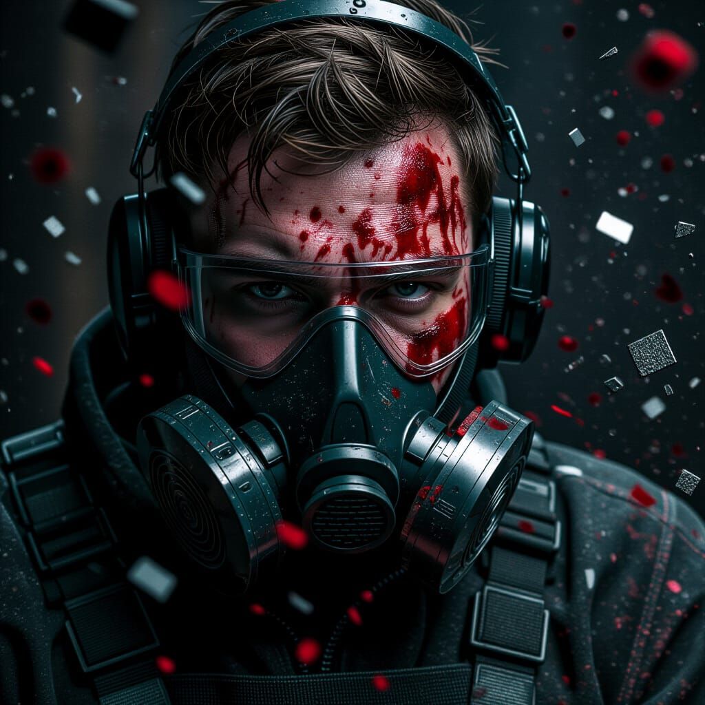 Bloody Metal Shards: Chaotic Face Impact in Neo-Noir Style