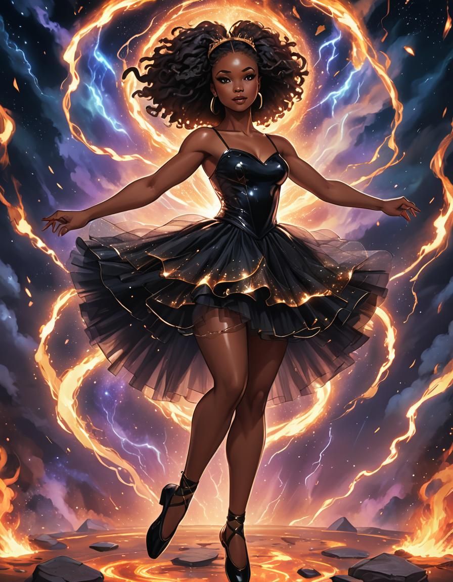 Anime Ballerina Surrounded by Fire and Lightning