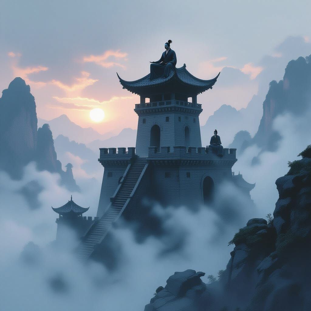 Spectral Kung Fu Master Meditating on Ancient Castle Tower