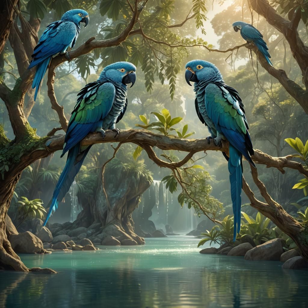 Blue Spix Macaws Over Crystal River: Fantasy Art