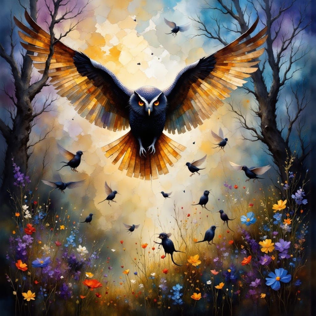 Owl Swooping Over Scattering Mice in Spectral Impressionism