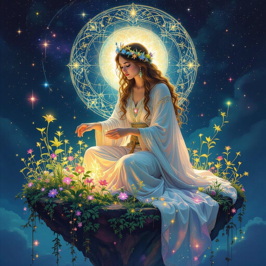 Celestial Herbalist in Art Nouveau Cosmic Garden
