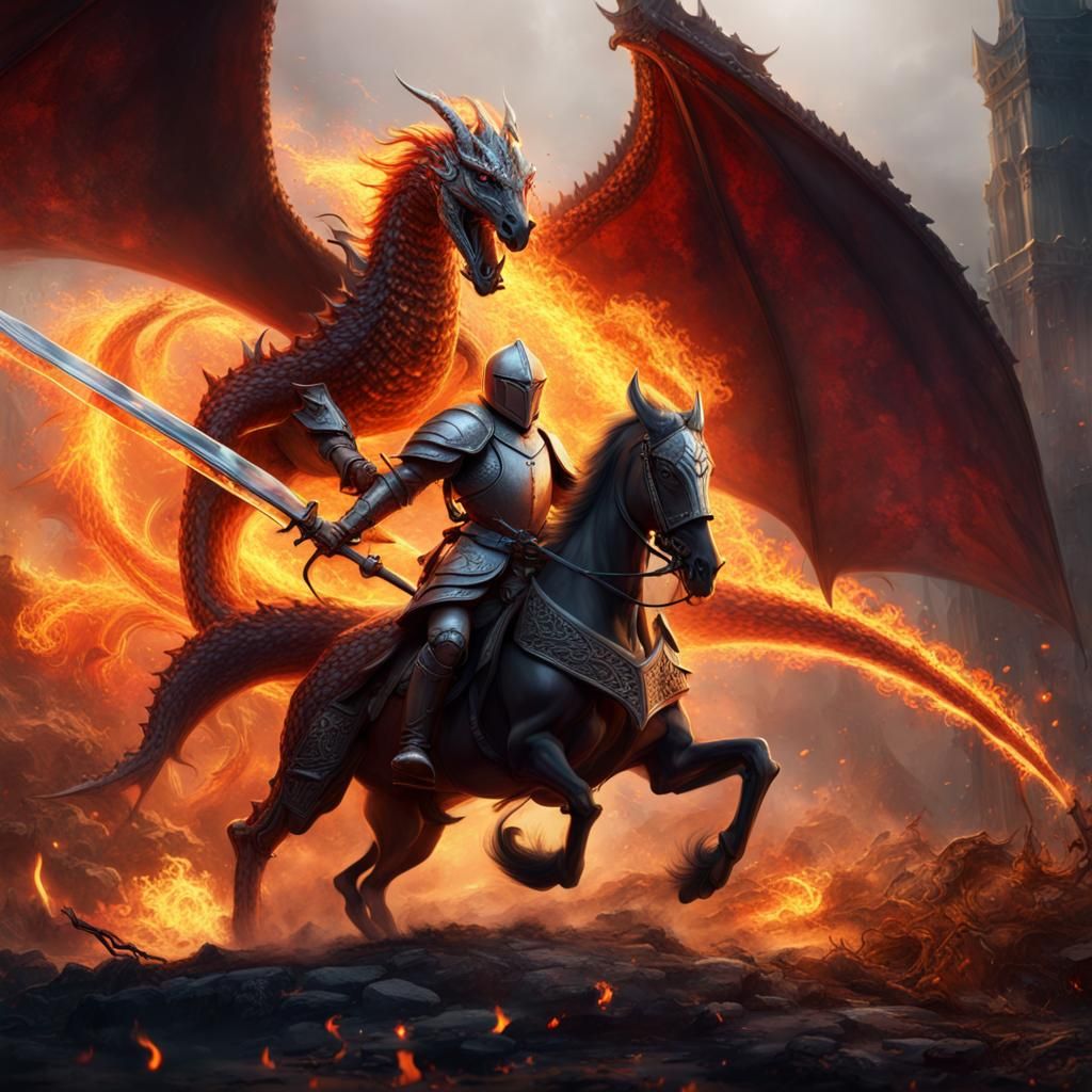 Knight on Horseback Fighting Dragon with Flaming Sword