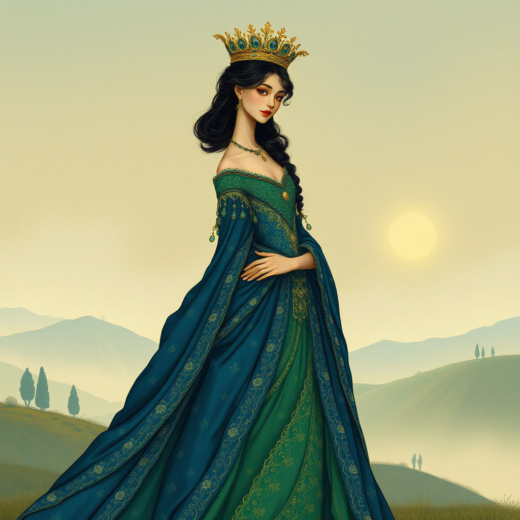 Regal Queen in Blue and Green, Fantasy Illustration