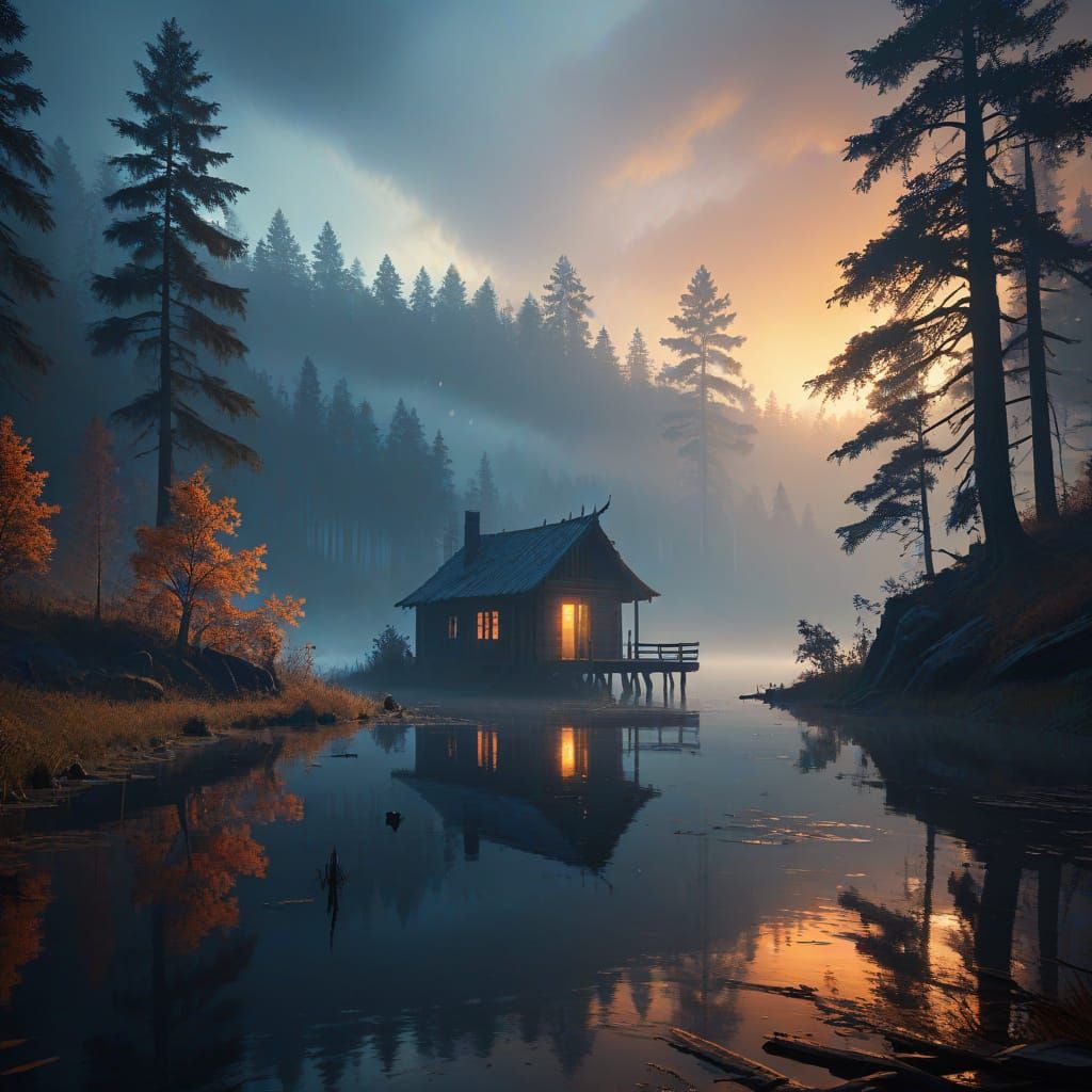 Mysterious Silhouette by Lake in Detailed Fantasy Art