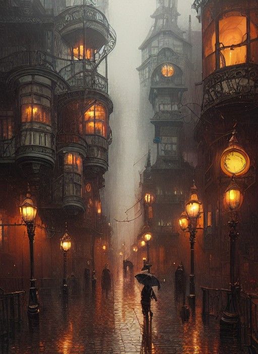 Victorian Steampunk City on a Rainy Day Painting