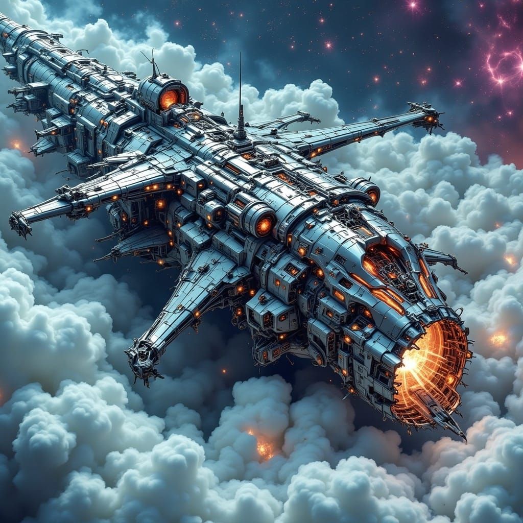 Battle-Scarred Dreadnaught Starship in a Kaleidoscopic Nebul...