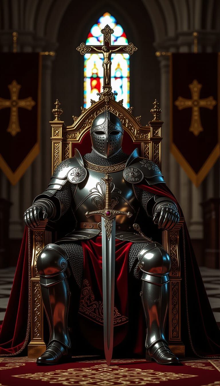 King Baldwin IV in Gothic Cathedral, Cinematic Style