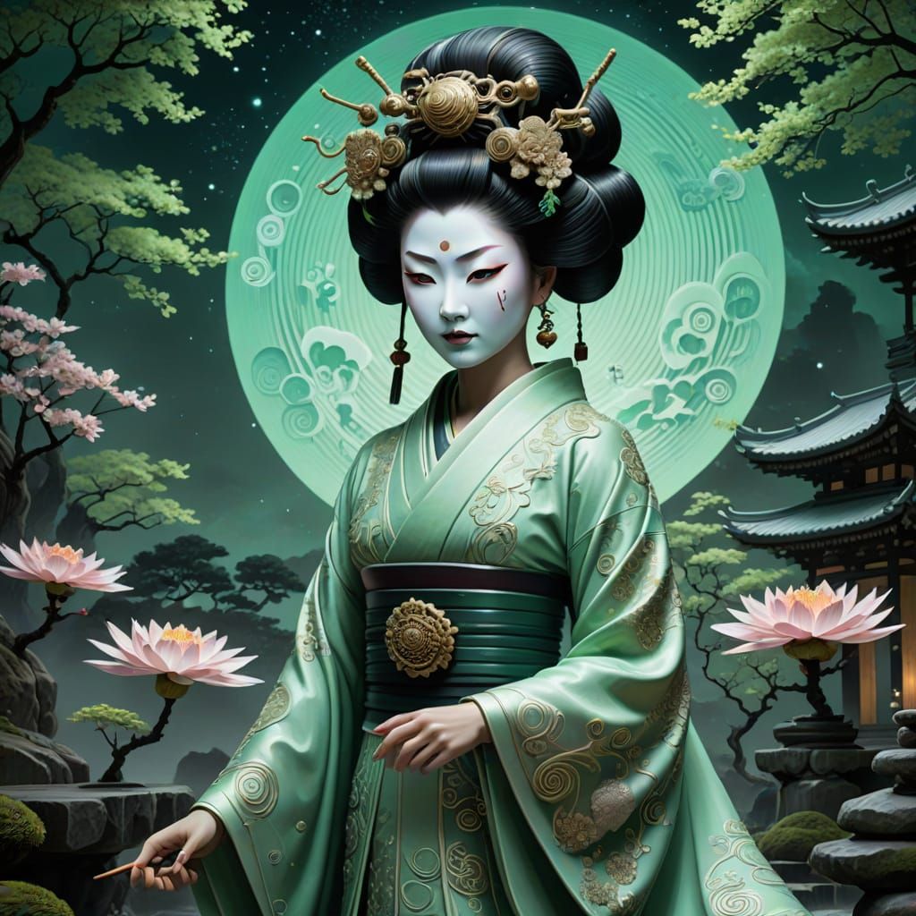 Cyborg Geisha with Oni Mask in Zen Garden