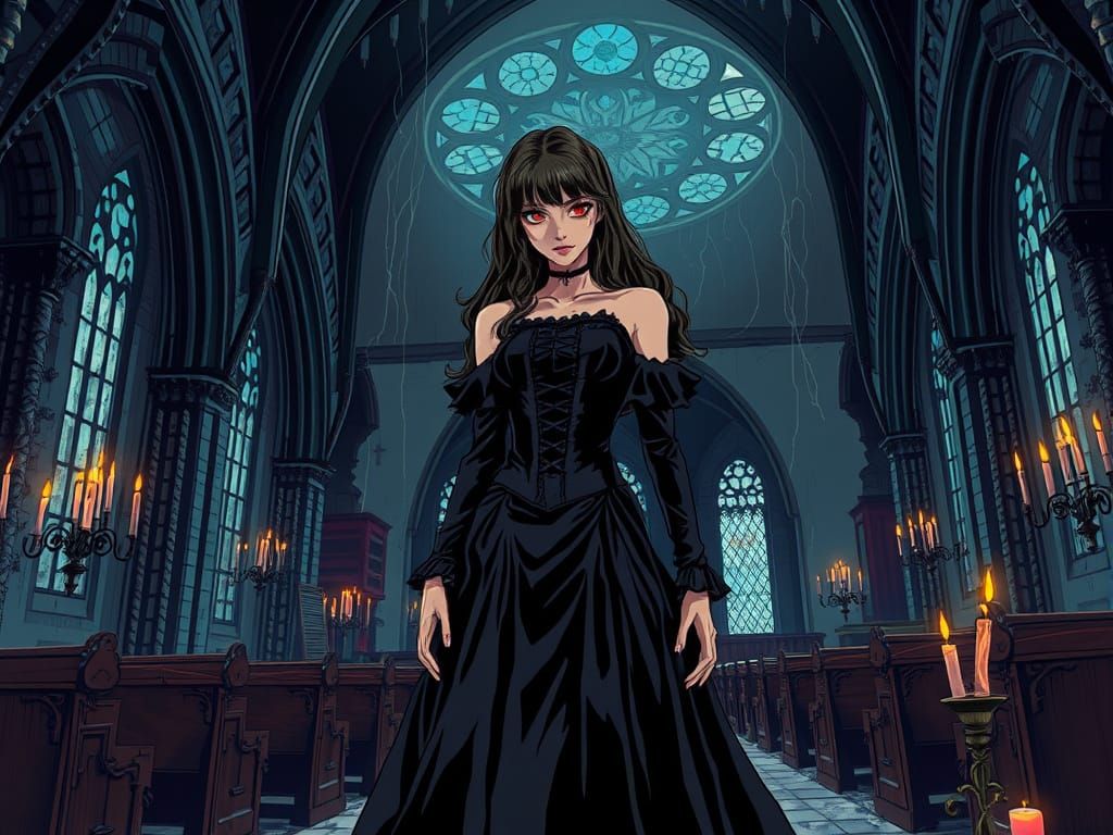 Anime Woman in Victorian Dress in Haunted Church