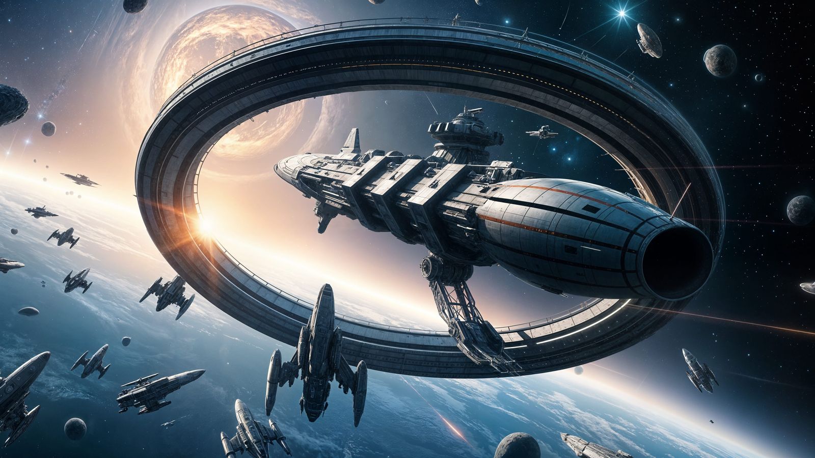 A majestic toroidal space station, its metallic rings glistening with subtle reflections, at the center is a gigantic...