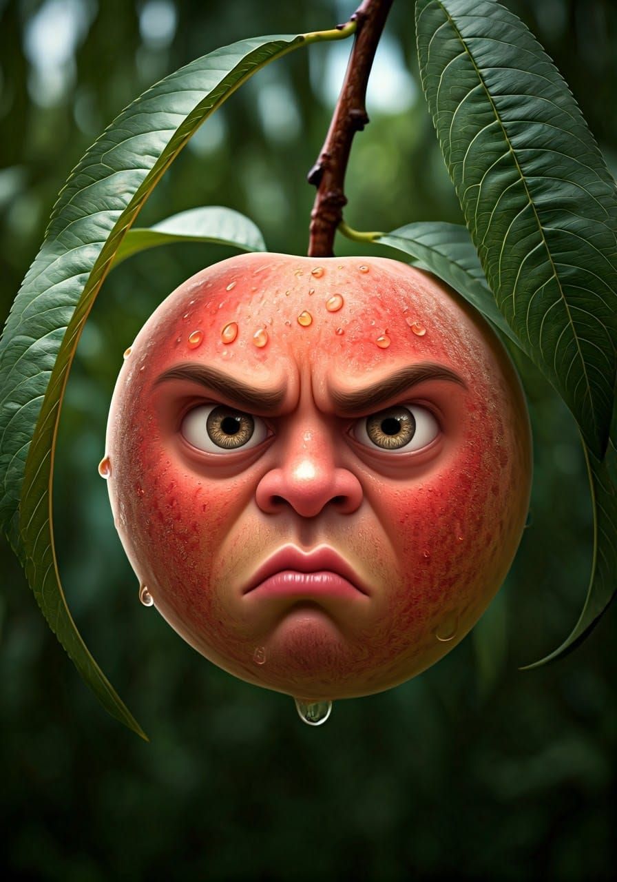 Grumpy Peach Tree Delight in Dark Cubist Style