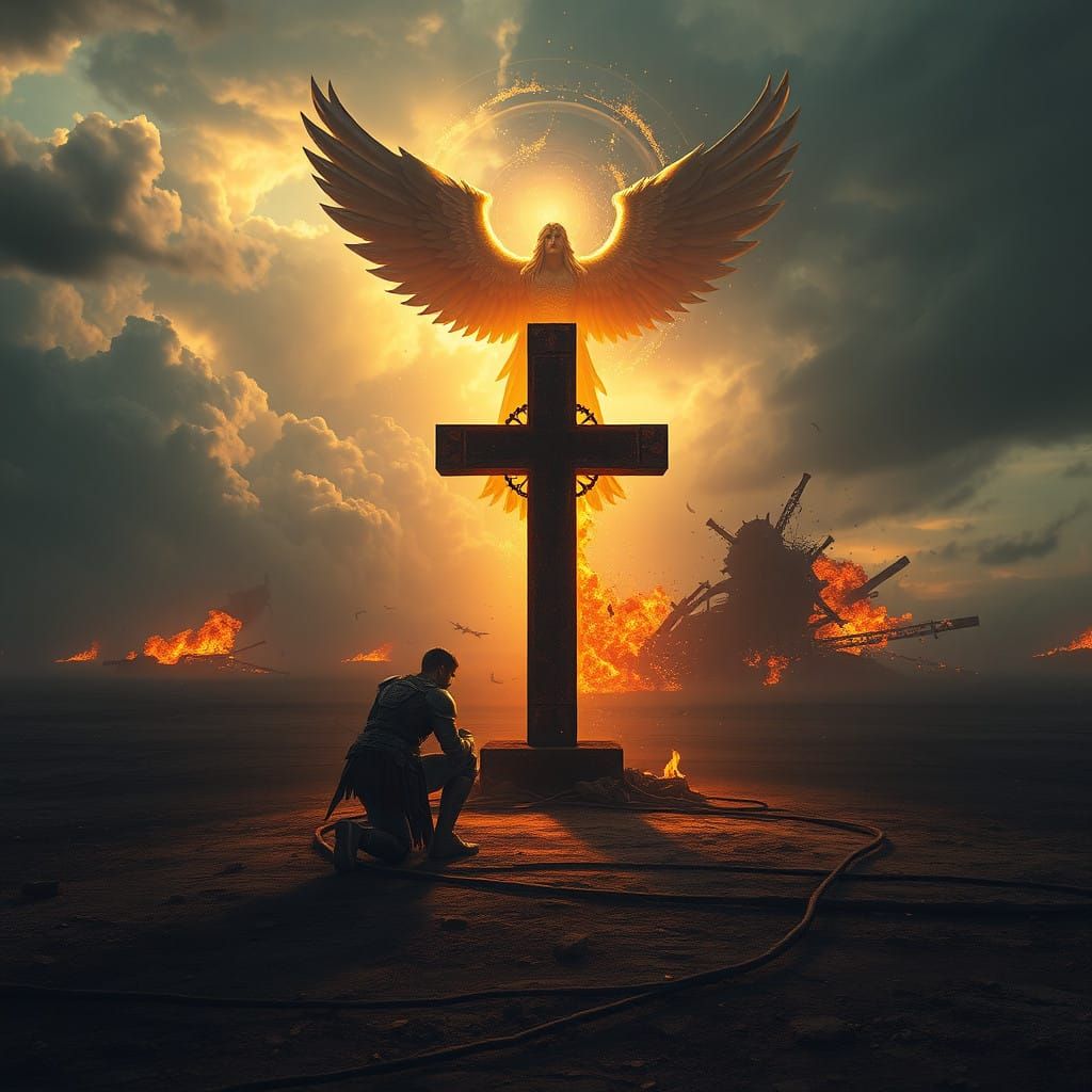 Warrior in Golden Light, Desolate Wasteland, Benevolent Ange...