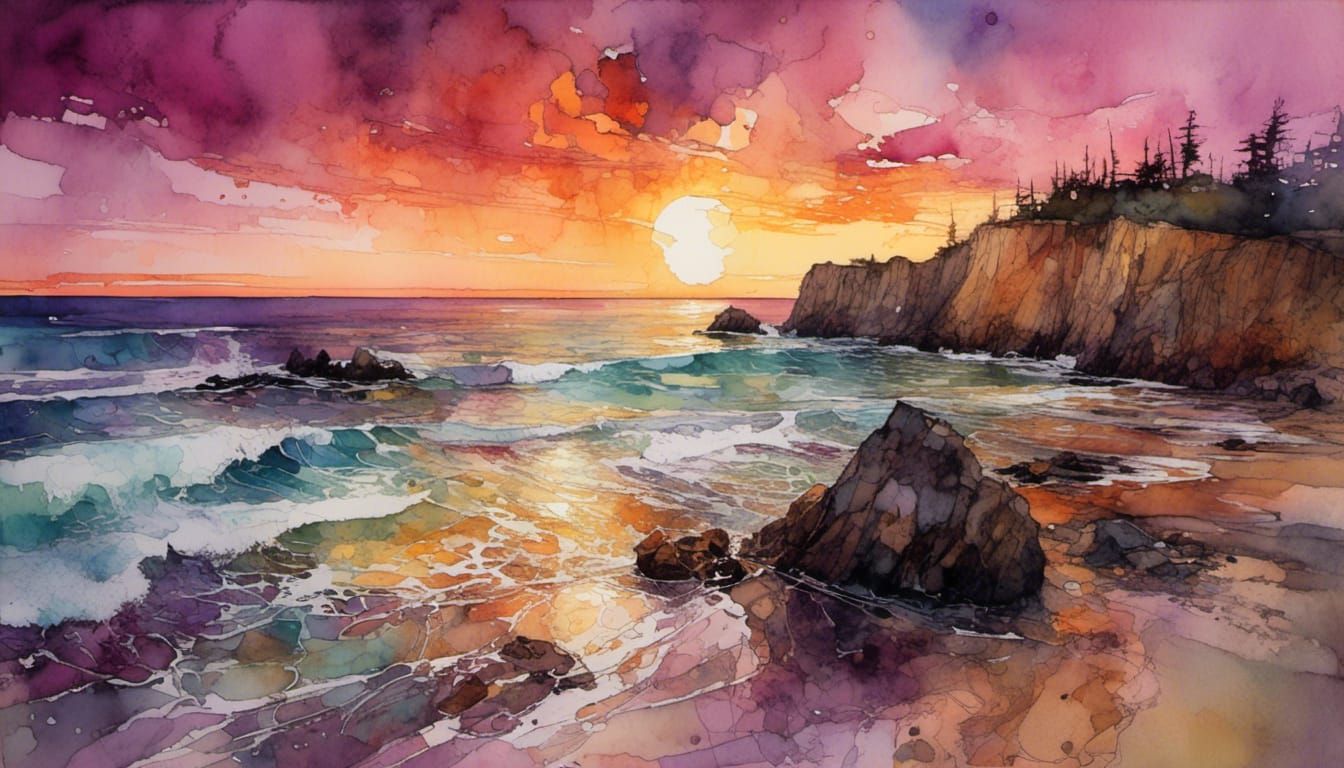 Golden Sunset Over Tranquil Beach Landscape