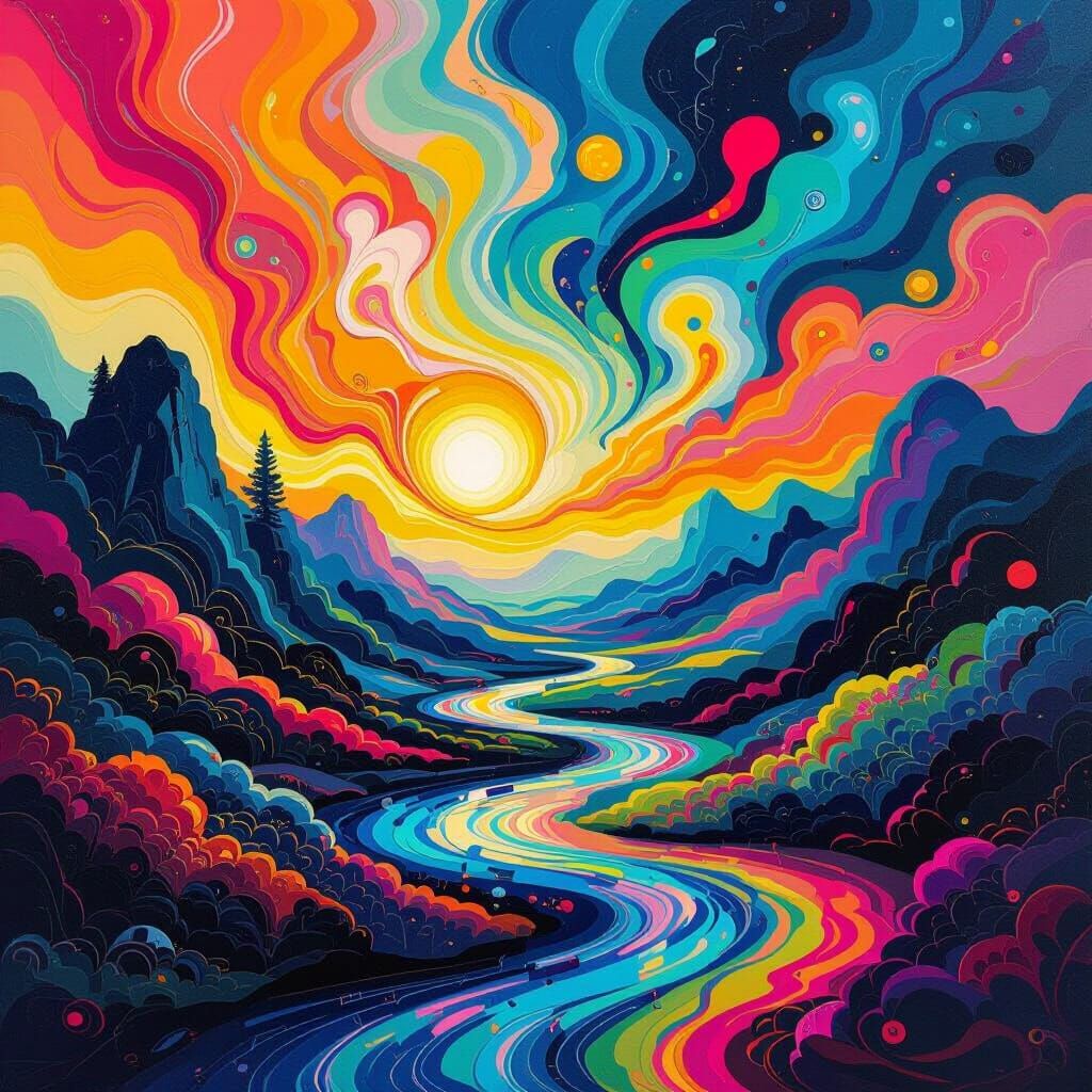 Psychedelic Abstract Landscape with Swirling Shapes