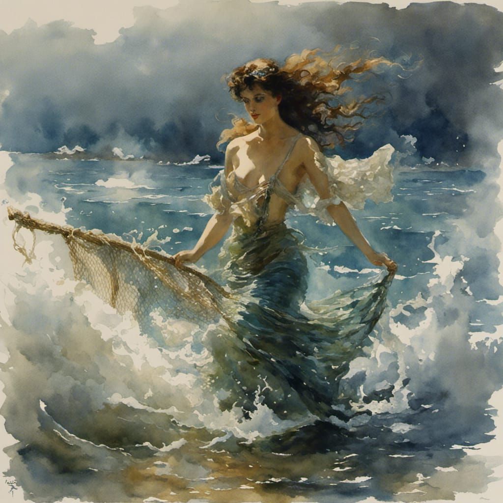 Mermaid in Net: Dreamy Watercolour Painting