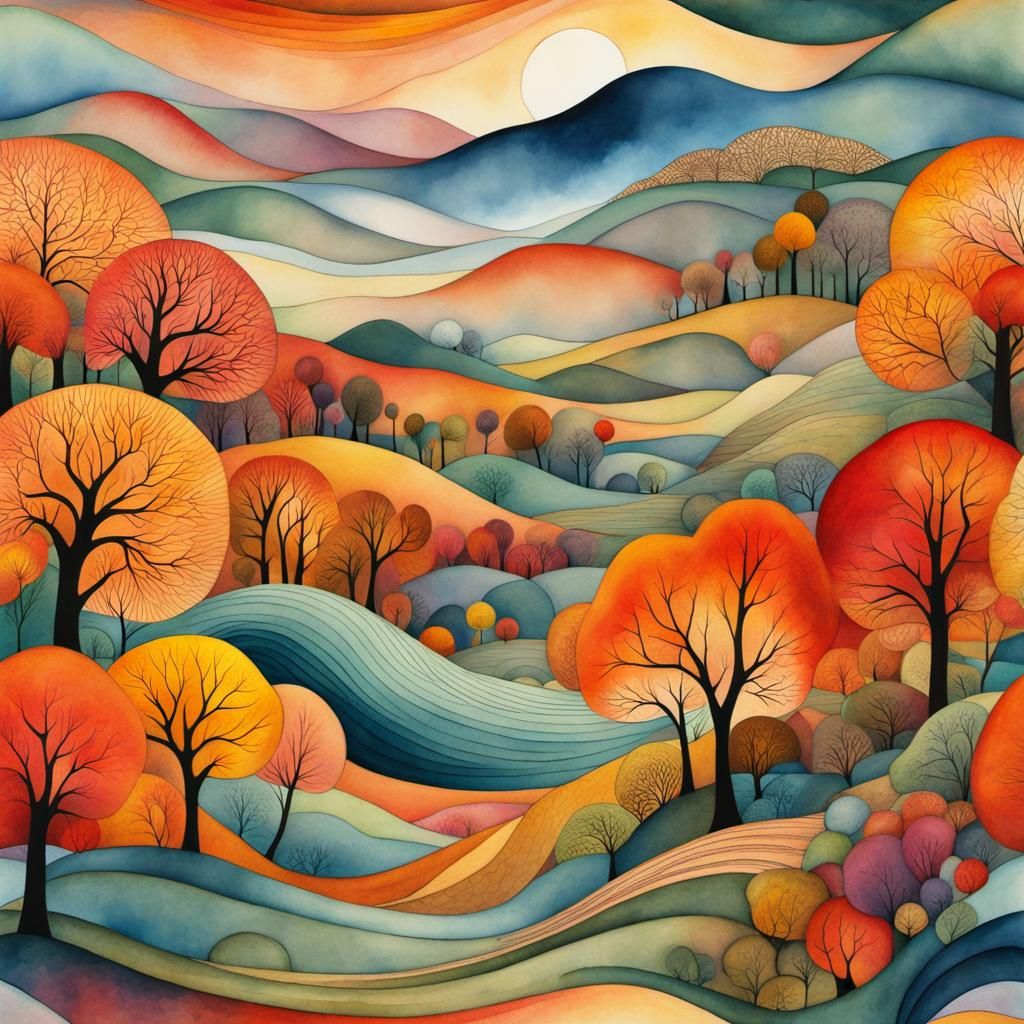 Vibrant Autumn Landscape in Watercolour Style