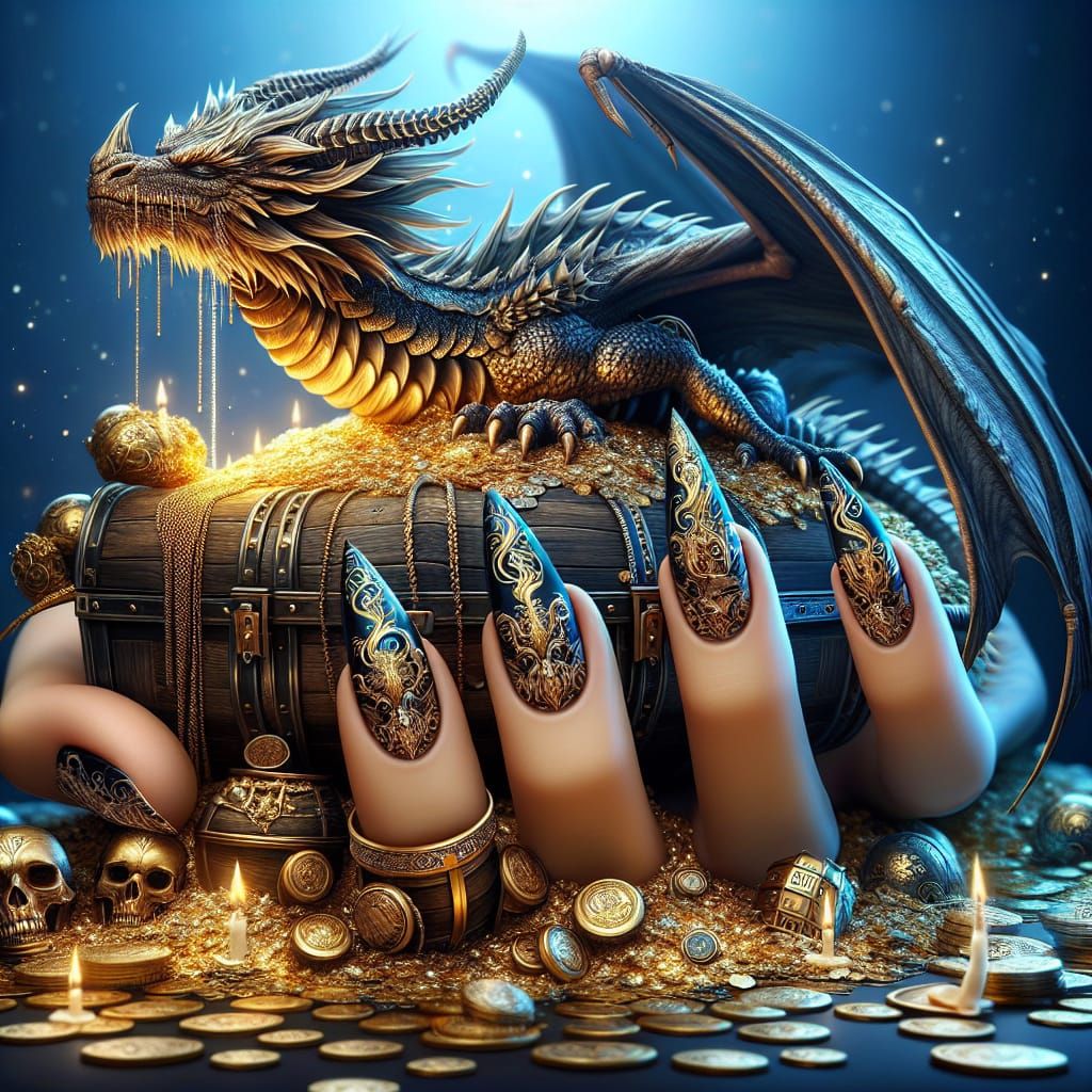 Majestic Dragon on Treasure Chest with Decorated Hand