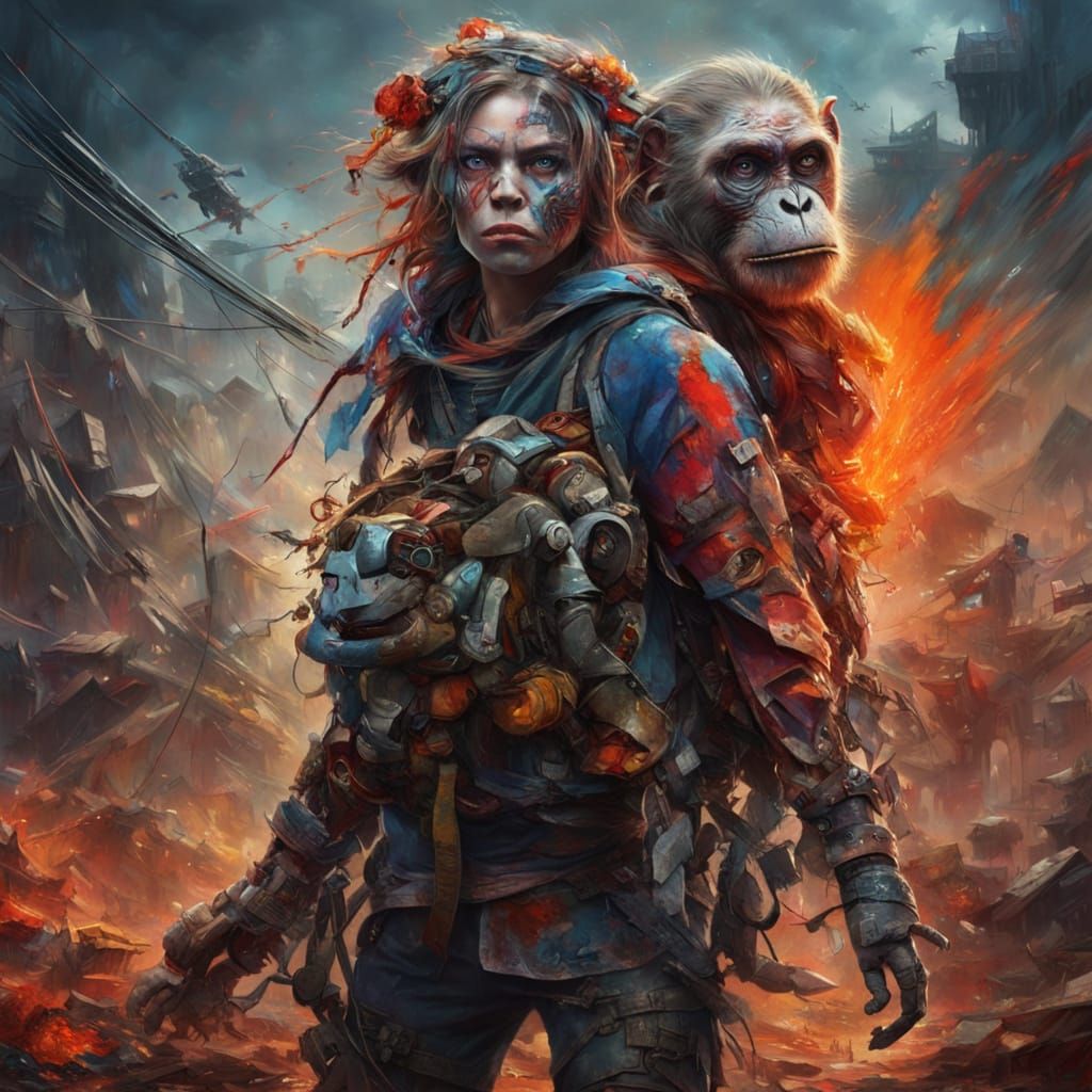 Abstract Junk Woman with Monkey in Doomed Land