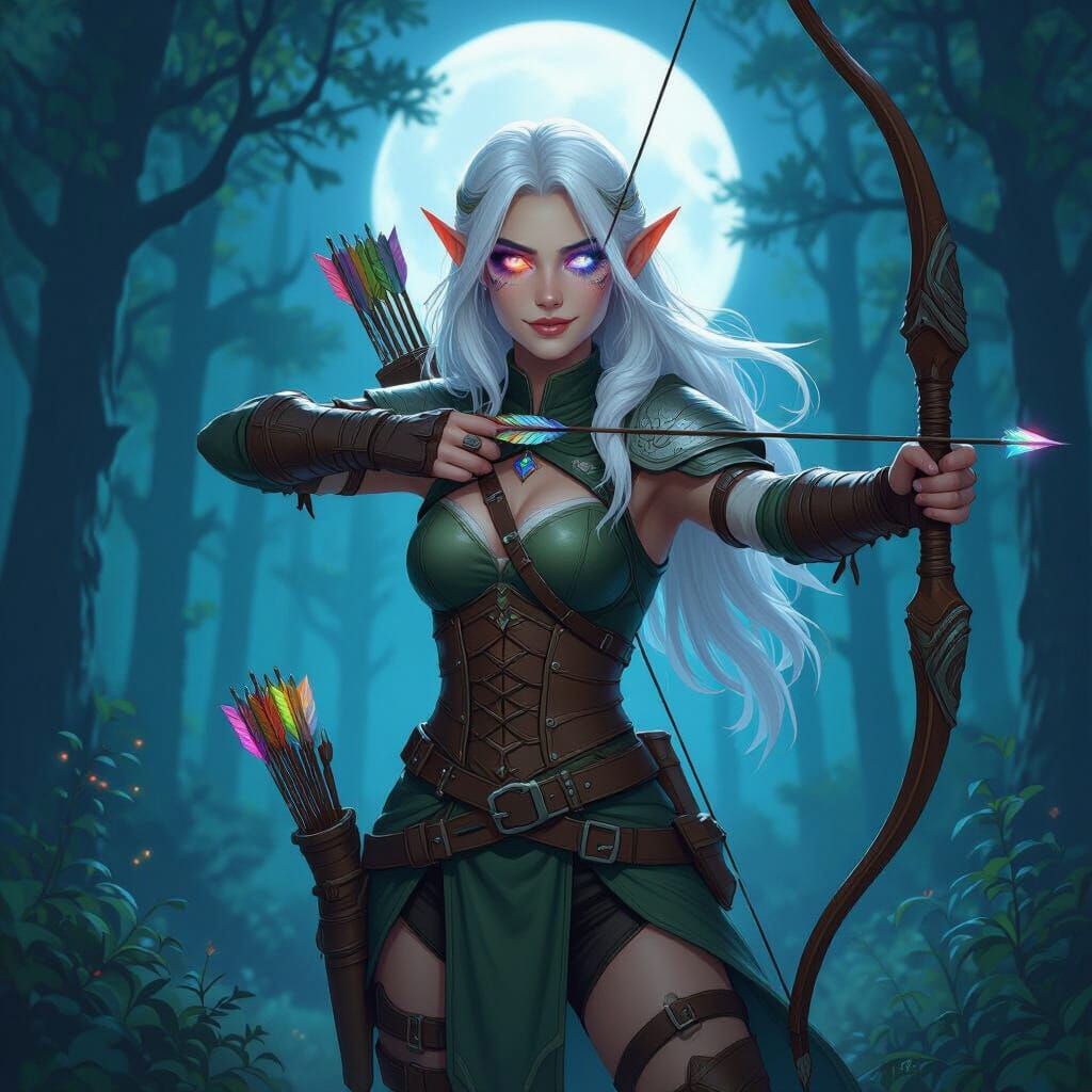 Elf Ranger in Moonlit Forest, Digital Art