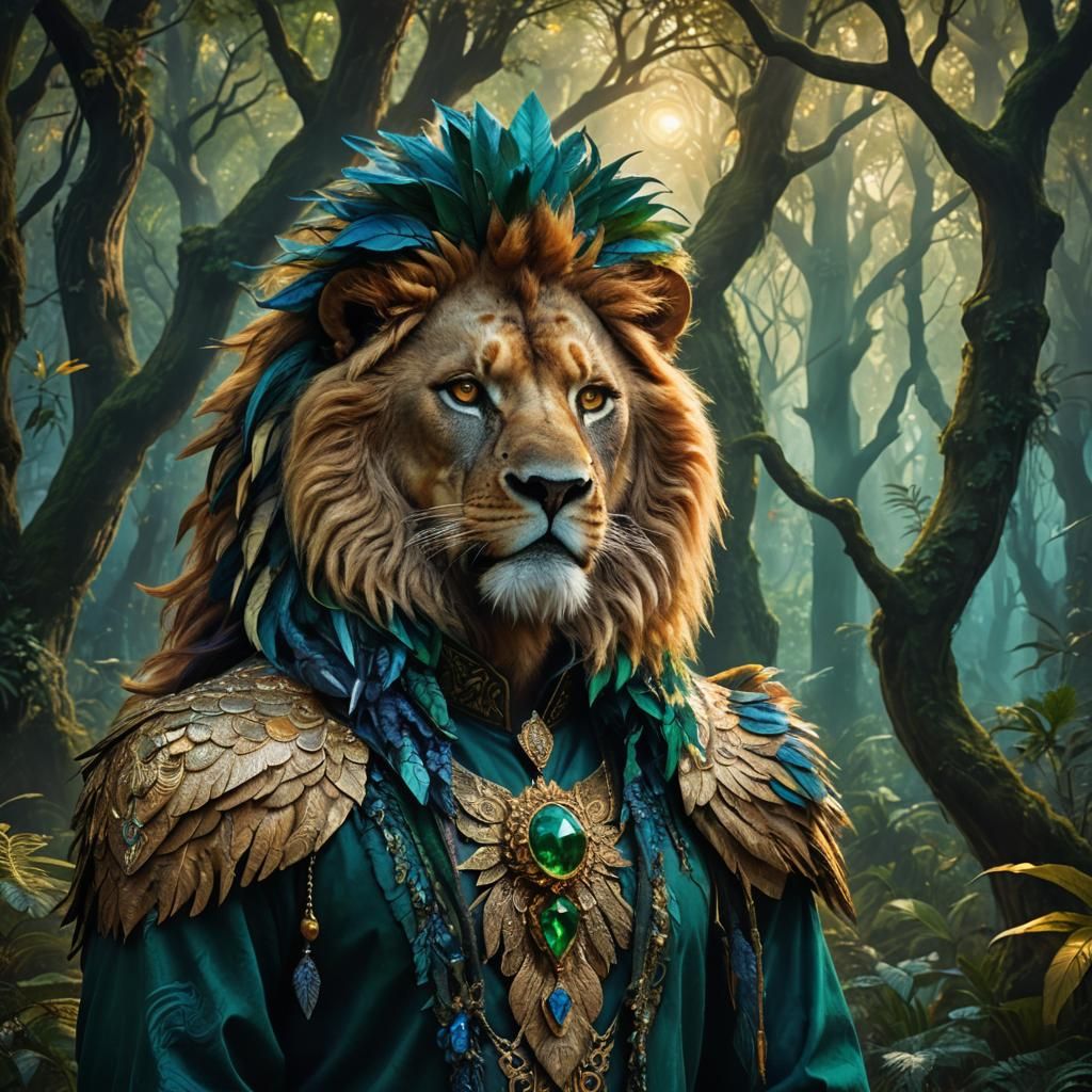 Lion-Headed Man Portrait in Mystical Forest