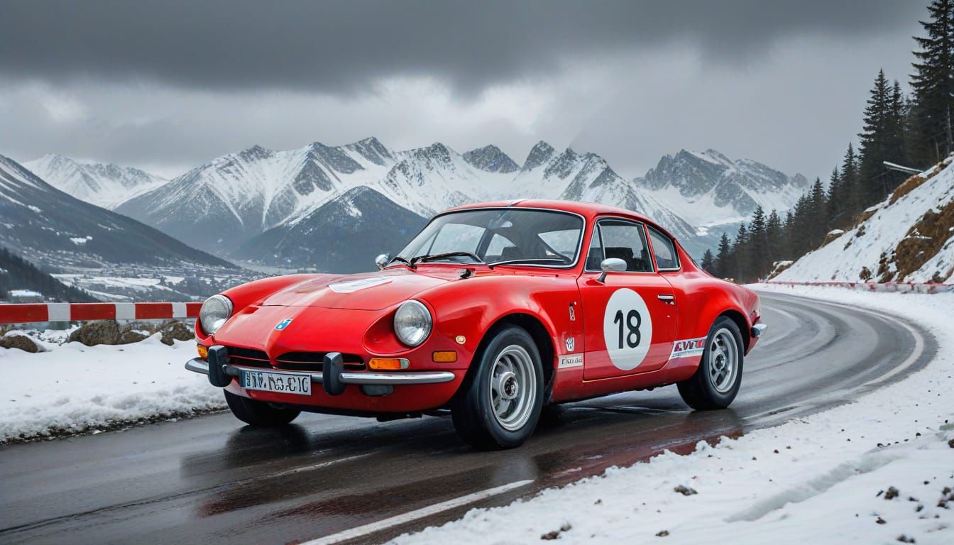 Red 1974 Alpine A110 Rallying Through Snowy Swiss Alps