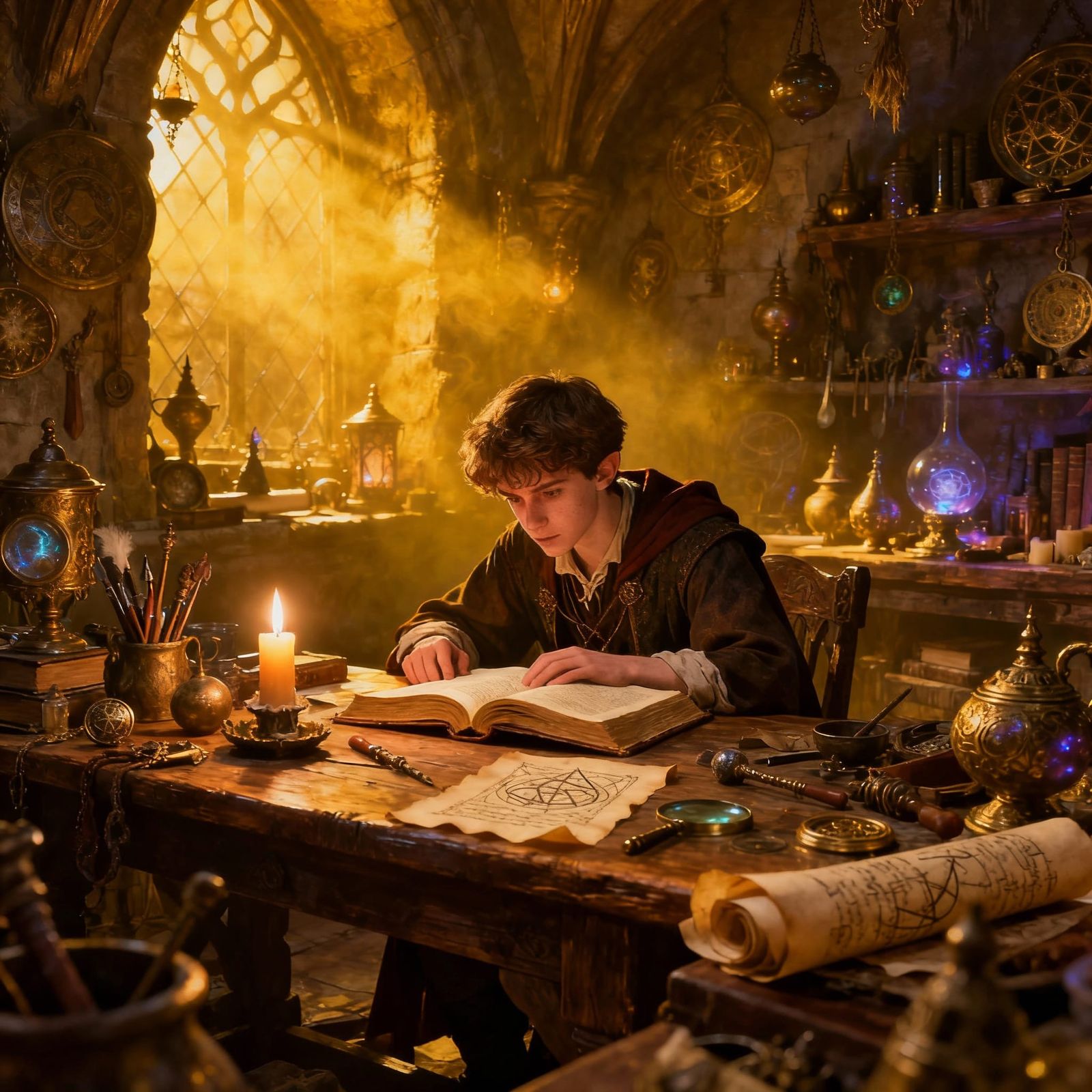 Wizard Apprentice Studying Spells in Candlelit Workshop
