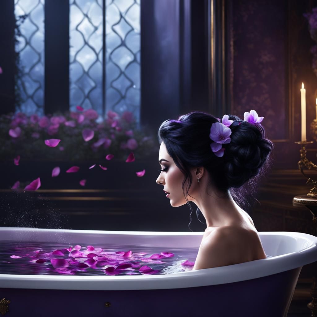 Girl Bathes in Violet Petals: Detailed Matte Painting