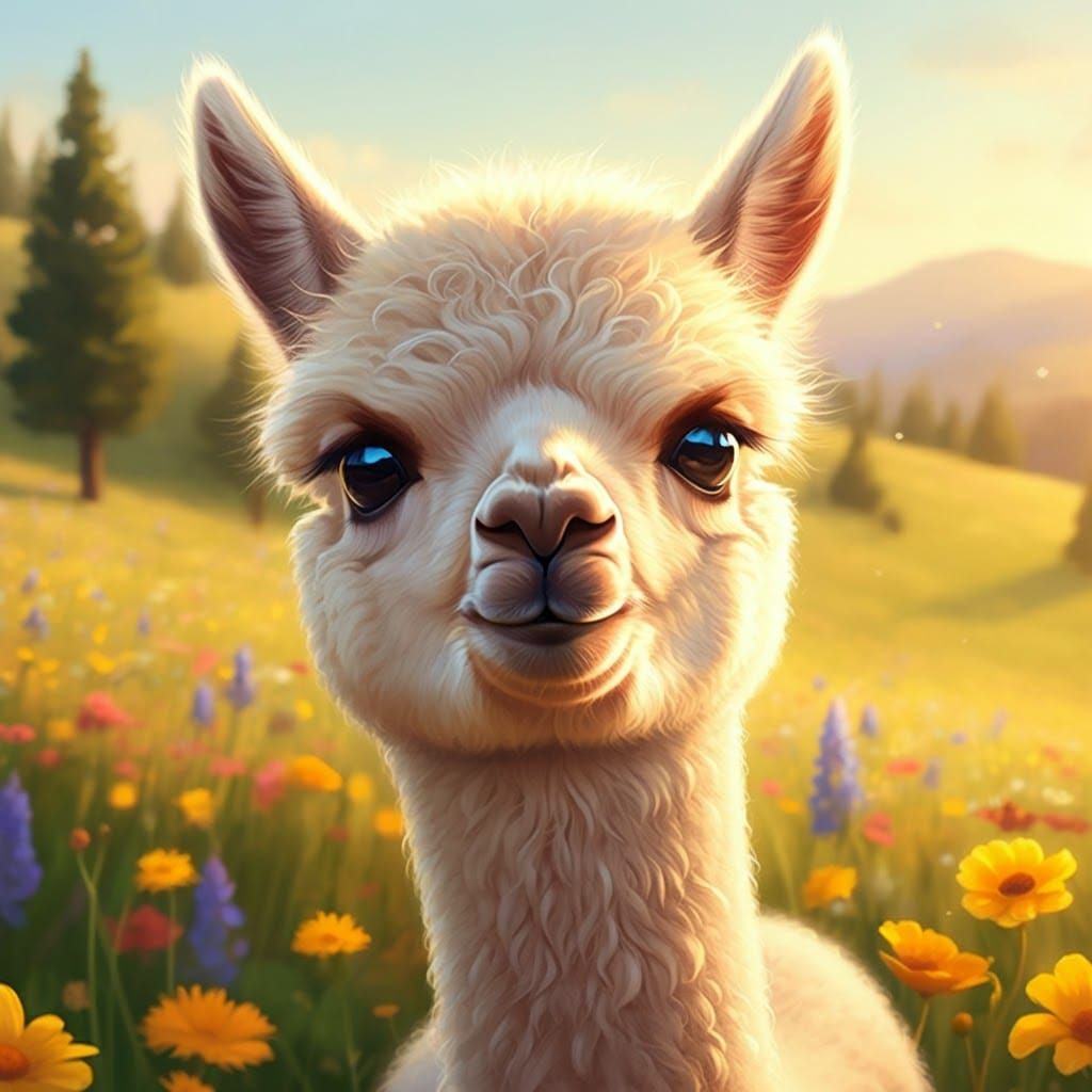 Fluffy Baby Alpaca in Sunny Wildflower Field