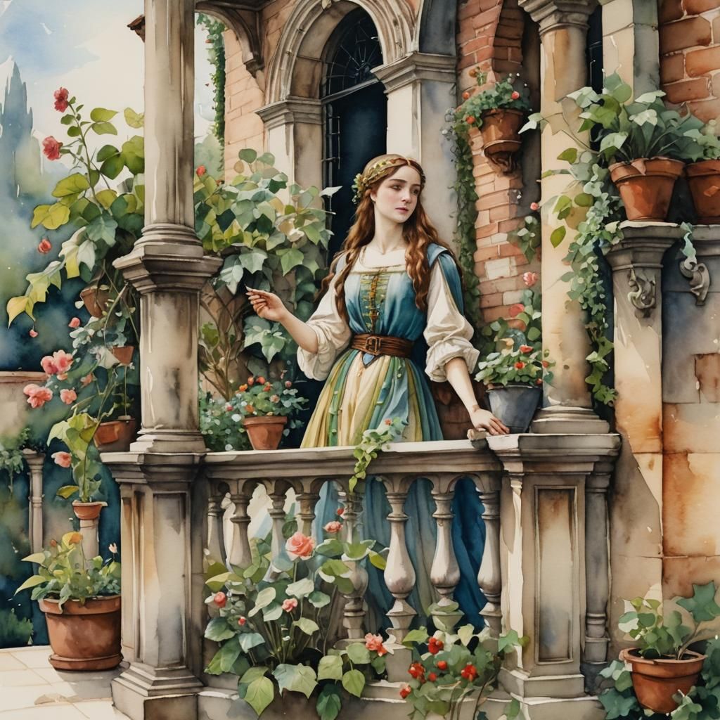 Juliet on Balcony in Pre-Raphaelite Watercolor