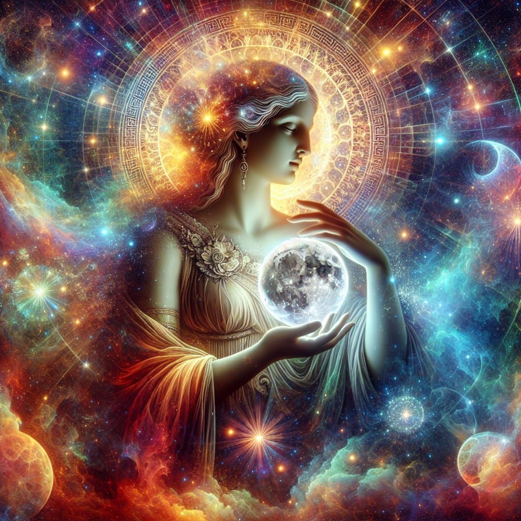 Selene Cradling the Moon in Cosmic Art Style