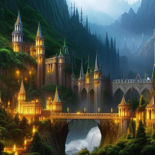 Elven Village Landscape with Waterfalls and Moon