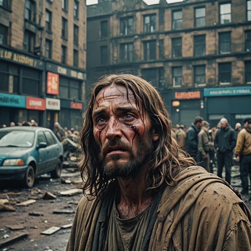 Jesus Weeping in Post-Apocalyptic Glasgow: Cinematic Still