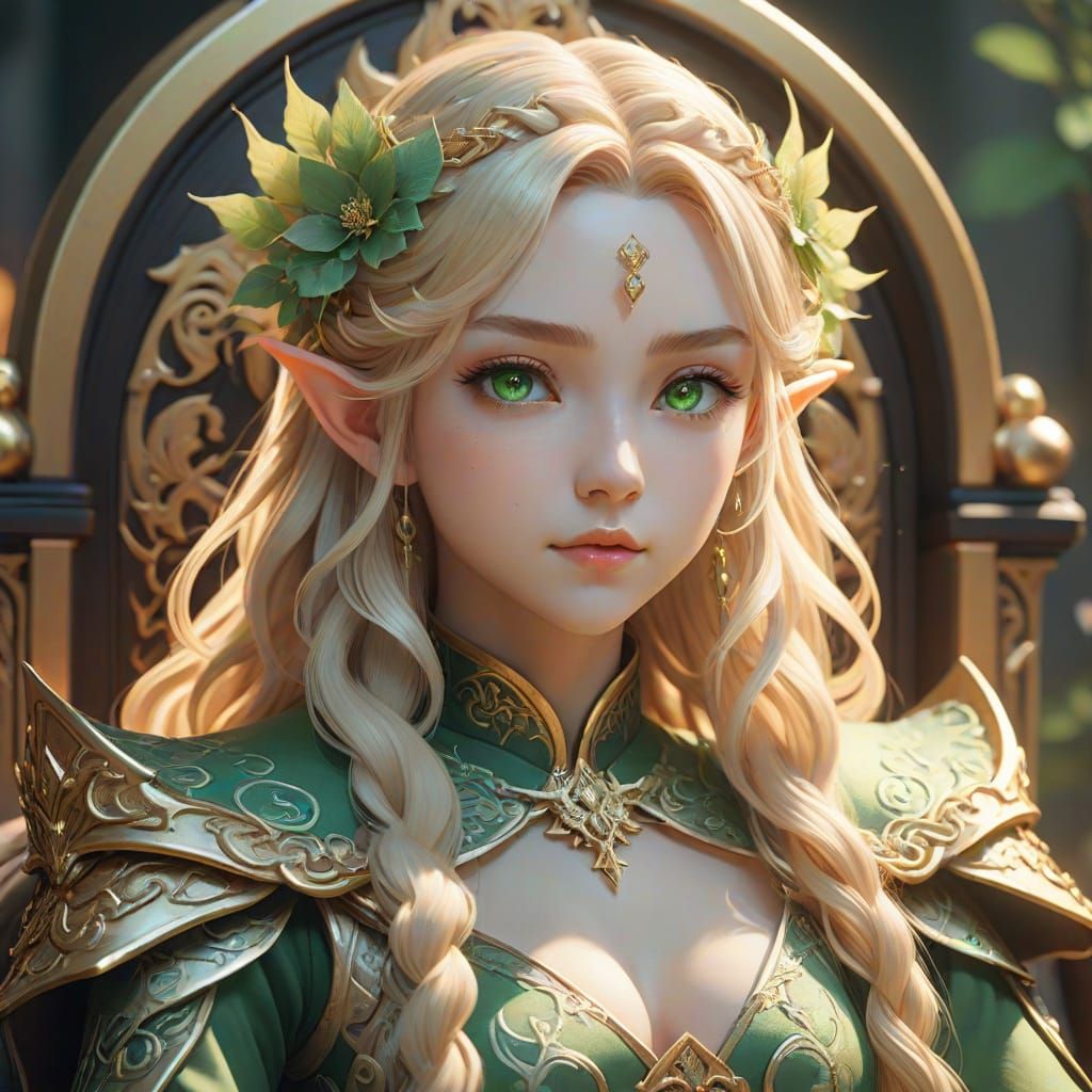 Ethereal Elf Queen in Japanese Anime Style