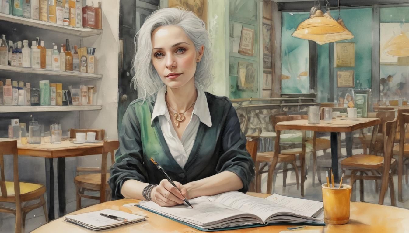 Goth Woman Writer in Cafe: Watercolor Painting